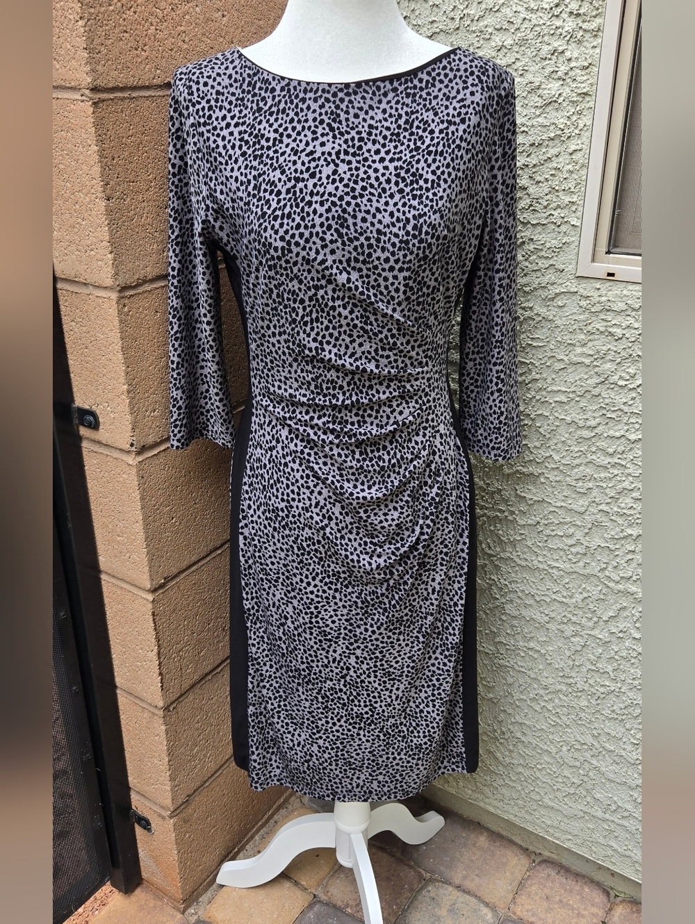 LAUREN Ralph Lauren Grey and Black Ruched Animal-Print Midi Dress
